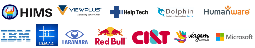 Imagem com as logos das empresas HIMS, Viewplus, Help Tech, Dolphin, Humanware, IBM, ISMAC, Laramara, Red Bull, CI&T, Viagem Acessivel e Microsoft.